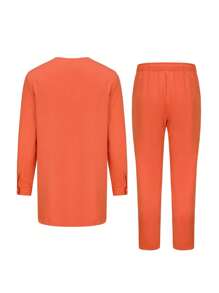 Novo Terno de Casamento Masculino 2 Peças, Calça, Camiseta, Terno Elegante, Cor Sólida, Bordado, Terno Social Clássico Masculino - Laranja - Visão 3