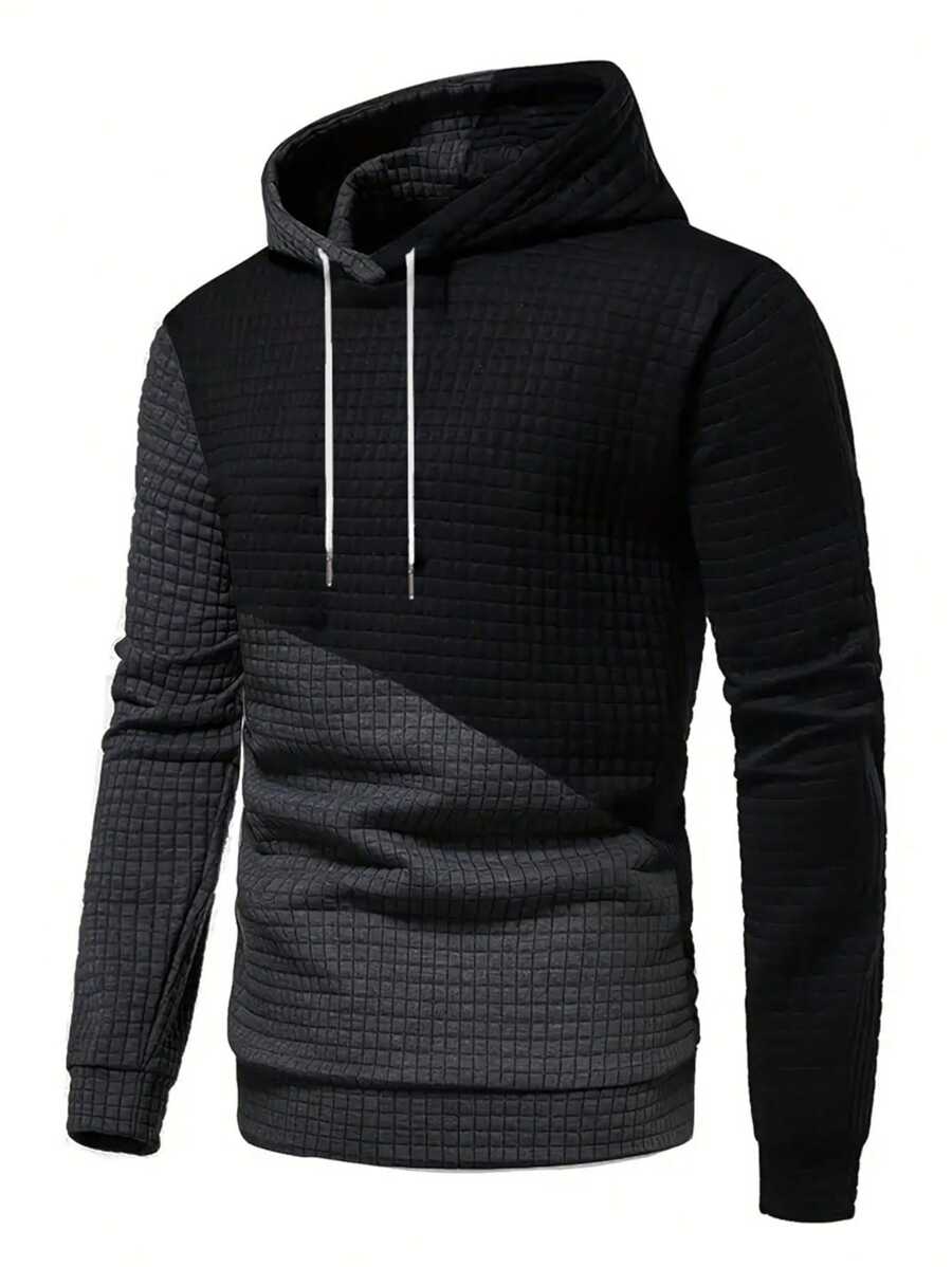 Men's Waffle Texture Hoodie, Stylish Pullover Hoodie, Casual Colorblock Hoodies For Men, Warm Street Style Suitable For Autumn And Winter, Can Be Given As A Gift - Black - View 1