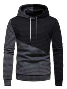 Men's Waffle Texture Hoodie, Stylish Pullover Hoodie, Casual Colorblock Hoodies For Men, Warm Street Style Suitable For Autumn And Winter, Can Be Given As A Gift - Black - View 3