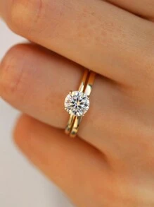 1 件精致优雅奢华 925 纯银 4 爪圆形女士戒指女士珠宝礼物生日礼物派对礼物 - 金色 - 查看 3