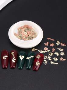 1盒圣诞美甲装饰套装，包含金属亮片、雪花、玫瑰金混合色、姜饼人、拐杖糖、小铃铛、袜子、亮片，圣诞节假日设计，冬季美甲配件及工具，DIY美甲沙龙用品 - 彩色 - 查看 3