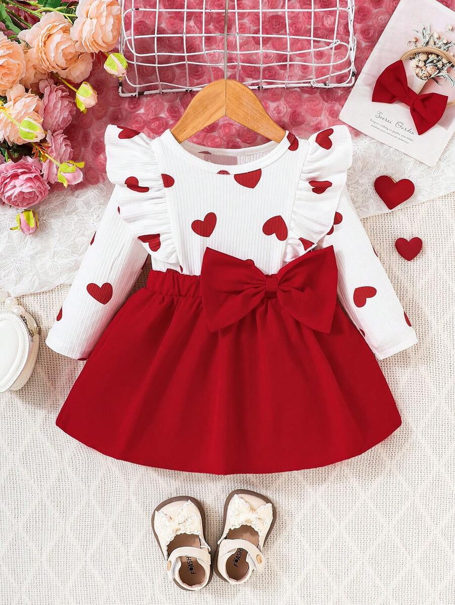 Baby Mädchen Set aus Herz verziertem Kleid mit Schleife und Haarband, Frühling Herbst