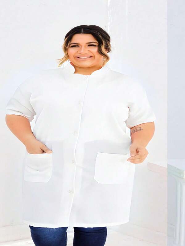 Jaleco Medico Sem/Manga Gola Padre Oxford Verão 3 Bolsos Com Botão Plus Size/ Slim Enfermagem- Clinicas