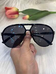 Women's Summer No Makeup Double Bridge Large Frame Anti-Blue Light Retro Glasses Internet Celebrity Fancy Street Photography SunglassesCute ABSChain Fancy Sunglasses - màu đen - Xem 2