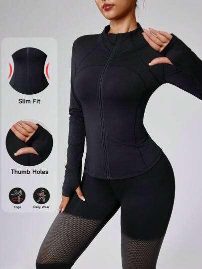 Chaqueta deportiva de manga larga con cremallera completa, unicolor, con puños con ojal para el pulgar, para fitness, yoga, correr'