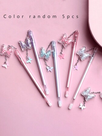 5pcs Glitter Butterfly Decor Neutral Pens, Cute Ballpoint Pens Suitable For Both Office And School Use Back To School