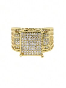 1 件优质铂金/14K 镀金闪亮 AAAA 方晶锆石奢华戒指，男女珠宝，婚礼 - 金色 - 查看 3