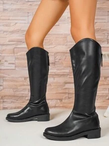 Women's New Fashion Soft Leather Knee-High Boots, Elegant Minimalist Side Zipper Design Black Equestrian Boots, Pointed Toe Chunky Heel Dress Boots