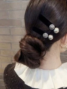 Bộ 4 kẹp tóc đính đá và ngọc trai nhung đen thanh lịch mùa đông, phụ kiện sợi polyester sang trọng (polyester), mùa thu/đông - Nhiều màu - Xem 2