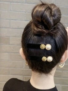 Bộ 4 kẹp tóc đính đá và ngọc trai nhung đen thanh lịch mùa đông, phụ kiện sợi polyester sang trọng (polyester), mùa thu/đông - Nhiều màu - Xem 3