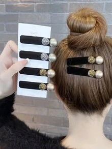 Bộ 4 kẹp tóc đính đá và ngọc trai nhung đen thanh lịch mùa đông, phụ kiện sợi polyester sang trọng (polyester), mùa thu/đông - Nhiều màu - Xem 1