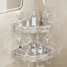 1pc Corner Shower Caddy With Suction Cups, Plastic Rippled Design Bathroom Vanity Storage Shelf, Wall Mounted No Drilling Detachable Easy Clean Tray, Transparent Grey Bathroom Corner Space Organizer With Towel Bar Bathroom Decor Summer Back To School