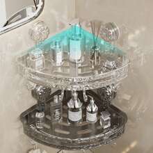 1pc Corner Shower Caddy With Suction Cups, Plastic Rippled Design Bathroom Vanity Storage Shelf, Wall Mounted No Drilling Detachable Easy Clean Tray, Transparent Grey Bathroom Corner Space Organizer With Towel Bar Bathroom Decor Summer Back To School