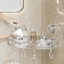 1pc Corner Shower Caddy With Suction Cups, Plastic Rippled Design Bathroom Vanity Storage Shelf, Wall Mounted No Drilling Detachable Easy Clean Tray, Transparent Grey Bathroom Corner Space Organizer With Towel Bar Bathroom Decor Summer Back To School