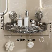 1pc Corner Shower Caddy With Suction Cups, Plastic Rippled Design Bathroom Vanity Storage Shelf, Wall Mounted No Drilling Detachable Easy Clean Tray, Transparent Grey Bathroom Corner Space Organizer With Towel Bar Bathroom Decor Summer Back To School