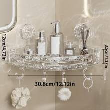 1pc Corner Shower Caddy With Suction Cups, Plastic Rippled Design Bathroom Vanity Storage Shelf, Wall Mounted No Drilling Detachable Easy Clean Tray, Transparent Grey Bathroom Corner Space Organizer With Towel Bar Bathroom Decor Summer Back To School
