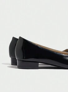 Black Patent Leather Low Heel Pumps, Casual Office Pointed Toe Soft Bottom Comfortable Non-Slip Work Shoes For Women Valentines