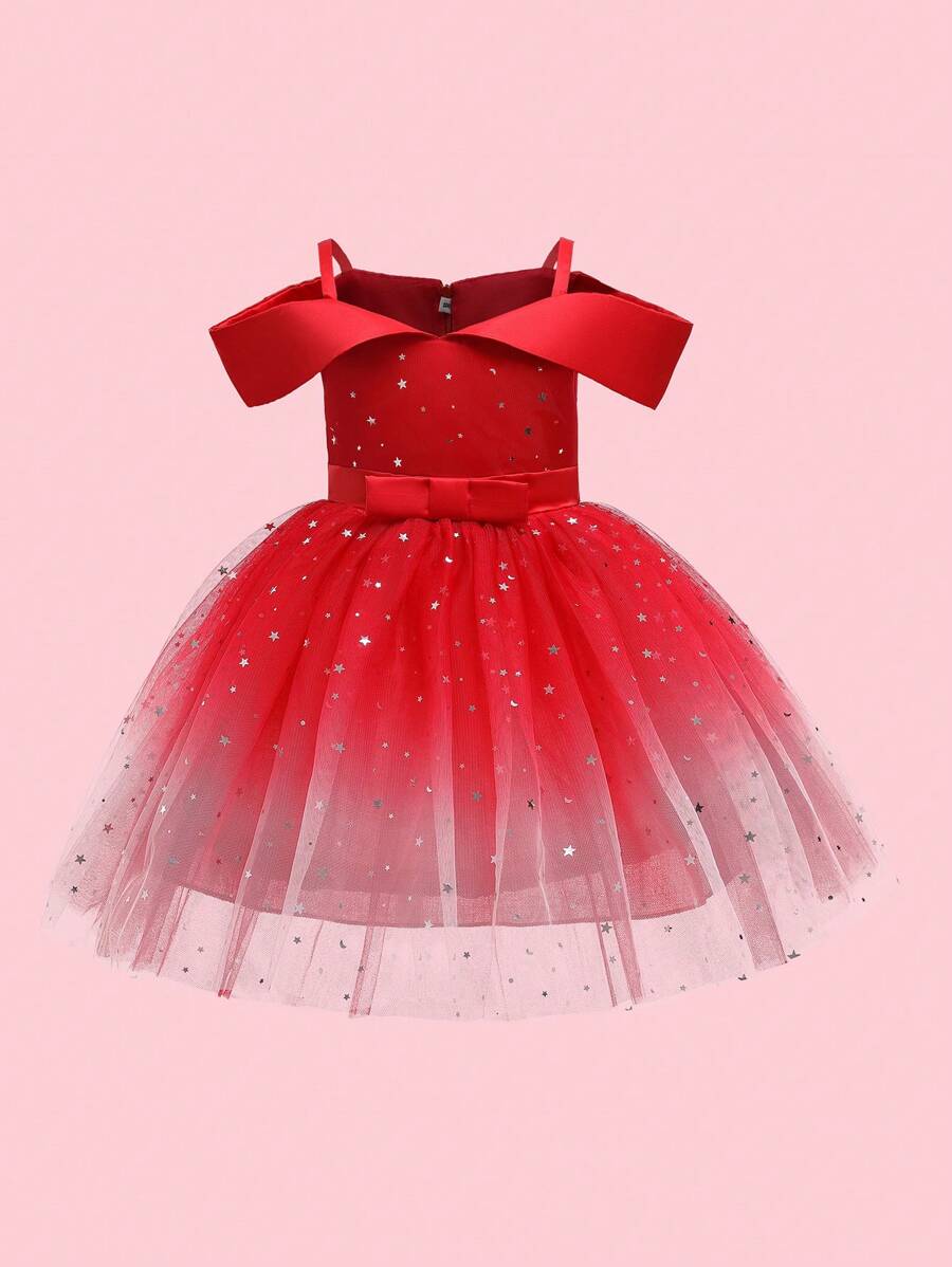 Váy công chúa sequin đỏ hình ngôi sao Giáng sinh cho bé gái, váy cưới trang trọng bồng bềnh - Đỏ - Xem 1