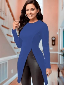 Women's Fashion Sexy Side Slit Long Sleeve Blouse - 藍色 - 查看 1