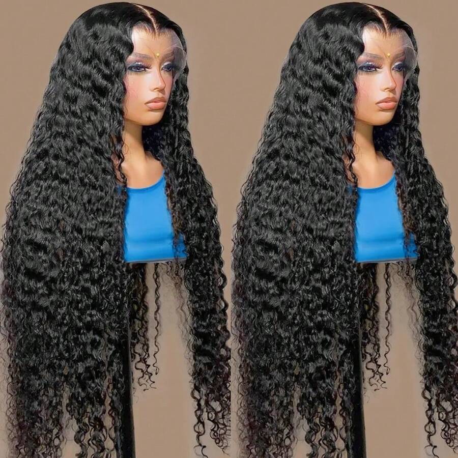 Brazilian 13x4 Transparent Jerry Curly Lace Front Human Hair Wig 4x4 Deep Curly Wave Lace Frontal Wigs Pre Plucked With Baby Hair180 Density Wig Remy Hair Bling Hair - Natural Black - 查看 1