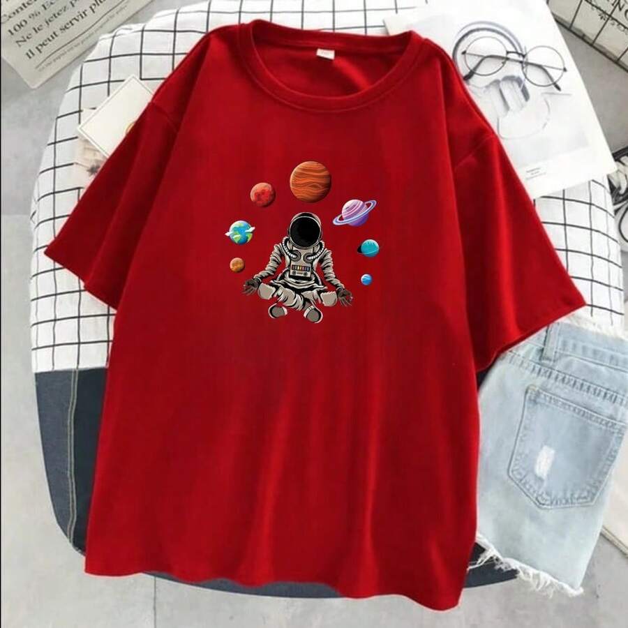 Astronaut Planets Oversized T-Shirt - 紅色 - 查看 1