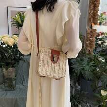 Women's Beach Bag Square Handmade Straw Inner Lining Blogger Chest Crossbody Shoulder Bag - 摩卡棕 - 查看 2
