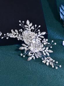 1件手工银色花朵新娘发夹，镶钻装饰女士头饰，适合婚礼、派对、节日礼物 - 銀色 - 查看 3