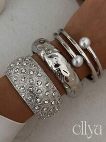 1 peça Pulseira de punho de decoração de pérola barroca vintage simples, pulseira de strass larga e grossa de ouro e prata, pulseira de pulso de mola dupla face de alta qualidade para mulheres, joias empilháveis multifuncionais, adequadas para decoração diária, joias para festas e banquetes, joias para presente de feriado