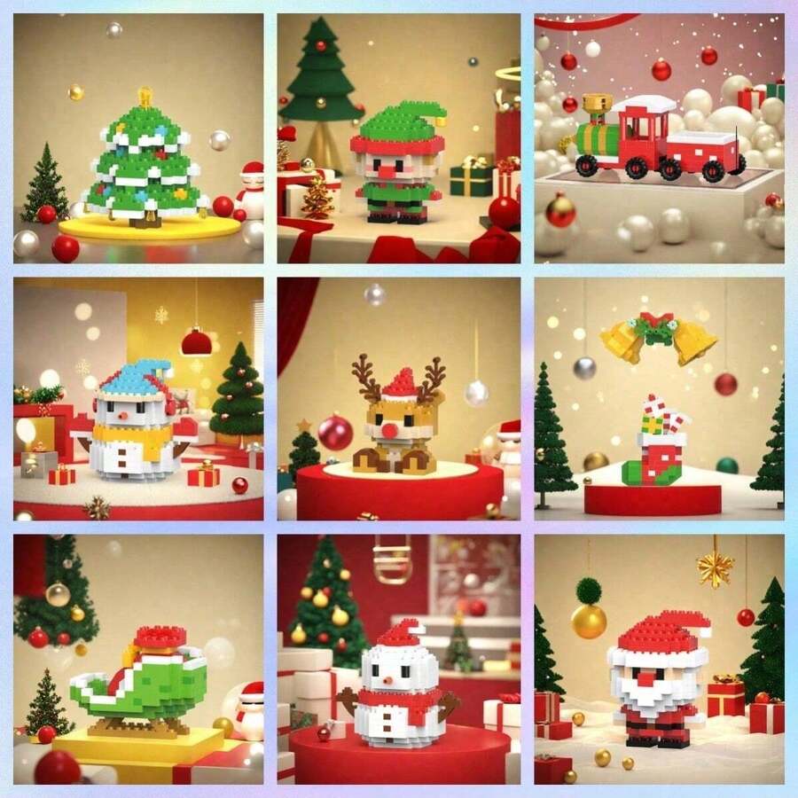 9 套微粒圣诞主题积木玩具，包括雪人、圣诞老人、圣诞驯鹿、圣诞火车等。可爱的设计，非常适合作为圣诞节/或儿童返校礼物。房间装饰冬季礼物彩色积木彩色积木，圣诞装饰，圣诞礼物>玩具，建筑