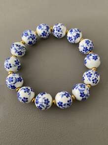 MESTILO 1 pulseira de contas de aço inoxidável banhada a ouro 18K, design de porcelana imitada, cordão elástico