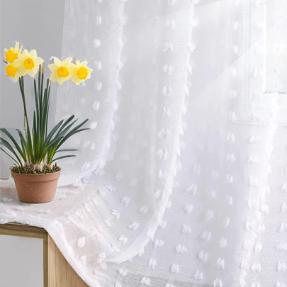 1pc Or 2pcs Romantic Minimalist Polka Dot Pom Pom Striped Sheer Short Curtain, With Rod Pocket Top, Easy To Hang, Soft Polyester Fabric, Wrinkle-Resistant And Washable, Suitable For Bedroom, Living Room, Office, Balcony