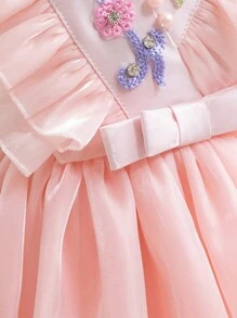 1pc Pink Girls Casual High-End Comfortable Cute Sweet Campus Style Children Fashion Show Host Young Girl Birthday Wedding Princess Party Puff Dress For Spring/Summer/Autumn - Pink - View 5