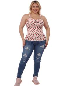 Blusa de Tirantes Top Tank Acanalado Tallas Extras Cordones Ajustables Moda - Blanco Fresas y Corazones - Ver 3