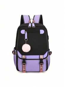 适合青少年女孩的大号书包 USB 端口帆布书包 学生书包 时尚黑色和粉色青少年学校背包，大学书包 经典时尚长款零钱包，仿皮多用钱包，大容量拉链钱包