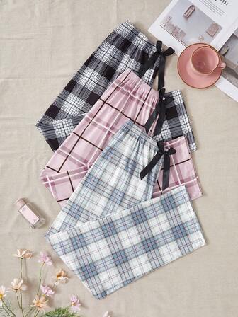 3pcs/Set Plaid & Random Printed Women Pajama Pants, Fall Winter Clothes