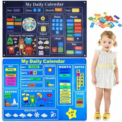 Juego de calendarios educativos preescolares - Incluye calendario mensual, fecha, año, clima, vestimenta, emociones y centros de aprendizaje de estaciones, tablero de fieltro para la vida diaria e interactiva juegos, y temas navideños