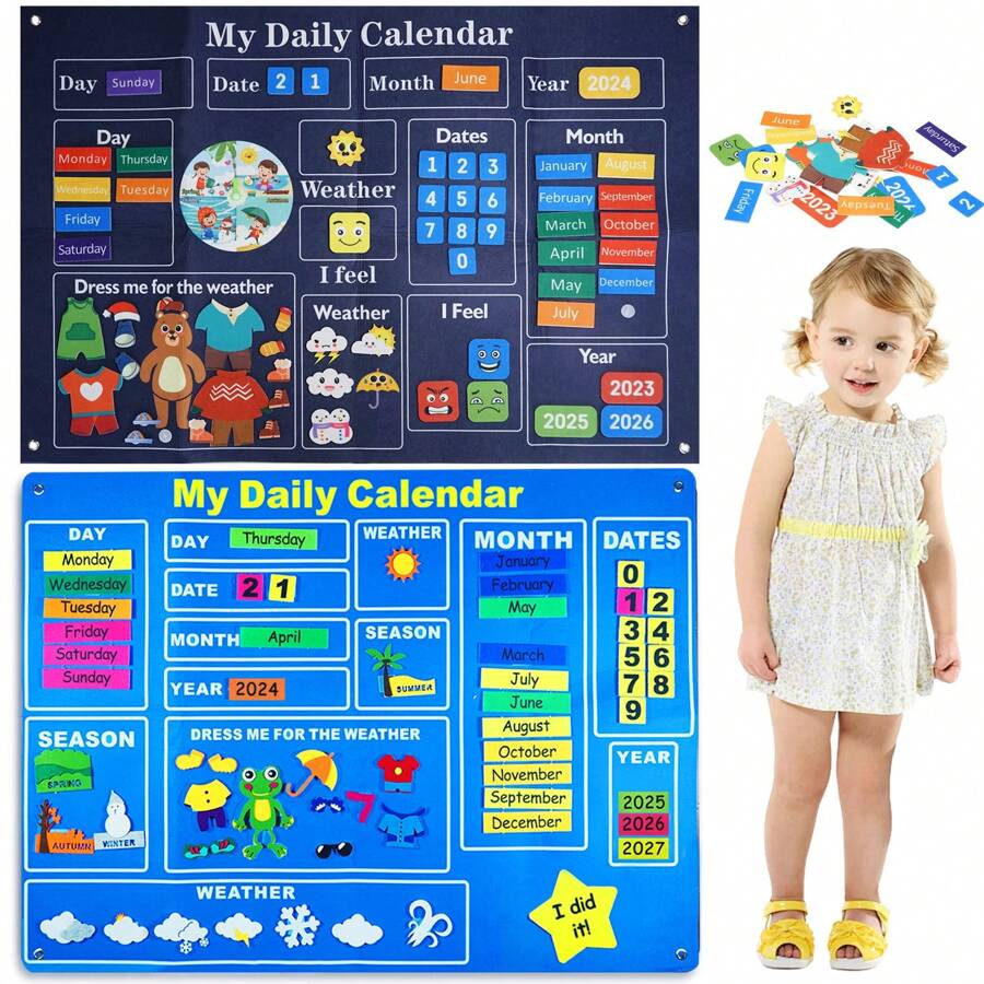 Juego de calendarios educativos preescolares - Incluye calendario mensual, fecha, año, clima, vestimenta, emociones y centros de aprendizaje de estaciones, tablero de fieltro para la vida diaria e interactiva juegos, y temas navideños