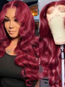 Eulisi Tóc giả 13x4 Body Wave Hd Lace Front Tóc thật đã nhổ sẵn 99j Tóc giả màu đỏ tía Burgundy Tóc thật không keo Tóc giả màu đỏ rượu Tóc giả màu đỏ Lace Front Tóc giả bằng tóc thật cho phụ nữ có tóc con Mật độ 180 28 inch - Màu Đỏ Sâu - Xem 8