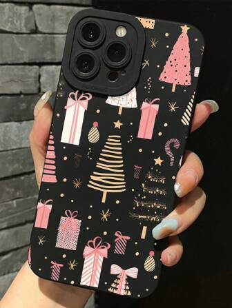 1 件圣诞树和礼盒图案黑色瞳孔防摔防指纹手机壳适用于 iPhone