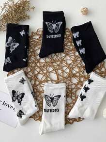 Set de 6 pares/1 par de calcetines de media pantorrilla con estampado de mariposa en negro y blanco, adecuados para primavera, otoño e invierno, con estilo fashionable tipo Ins, se pueden usar con zapatos casuales, tenis, como regalo para niñas, niños, mamá, papá, prendas de invierno para niñas y niños, regalo navideño