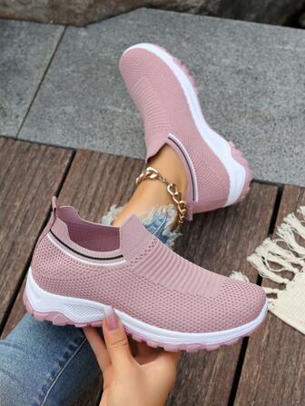 New Solid Pink Women's Sneakers, Knit, Breathable, Suitable For School, Work, Running, Lightweight, Fitness, Hiking, Party, Dining, Shopping, Dating, Fashion Casual Flat Shoes