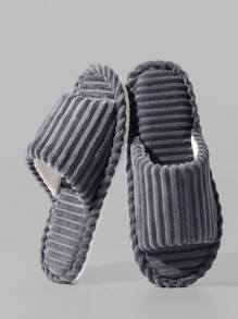 Corduroy Stripe Open-Toe Slippers For Men, Suitable For Autumn, Winter, And All Seasons, Couple And Family House Slippers For Wooden Floor, Warm And Comfortable Shoes, For Living Room And Bedroom - Grey - View 1