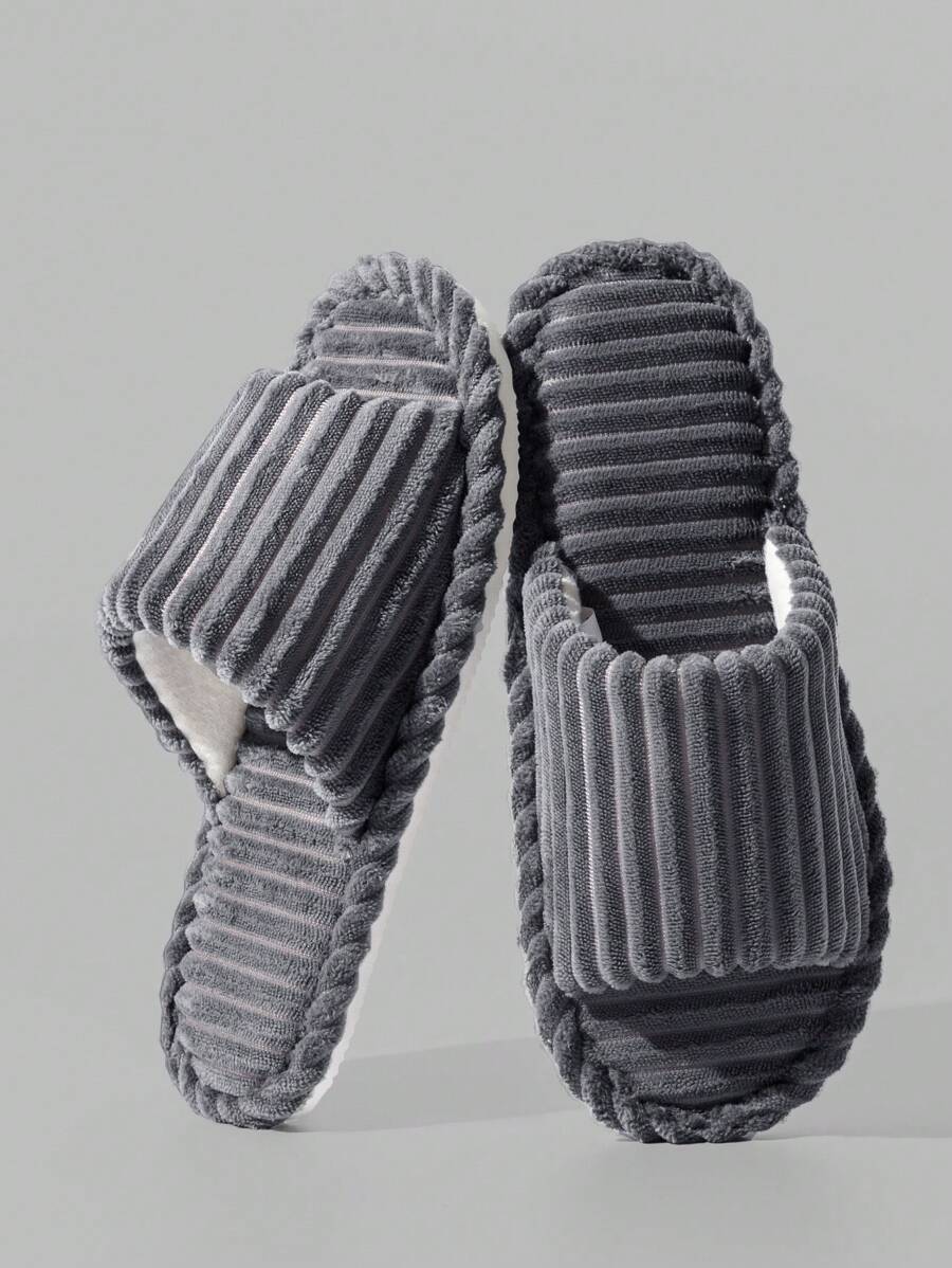 Corduroy Stripe Open-Toe Slippers For Men, Suitable For Autumn, Winter, And All Seasons, Couple And Family House Slippers For Wooden Floor, Warm And Comfortable Shoes, For Living Room And Bedroom - Grey - View 1