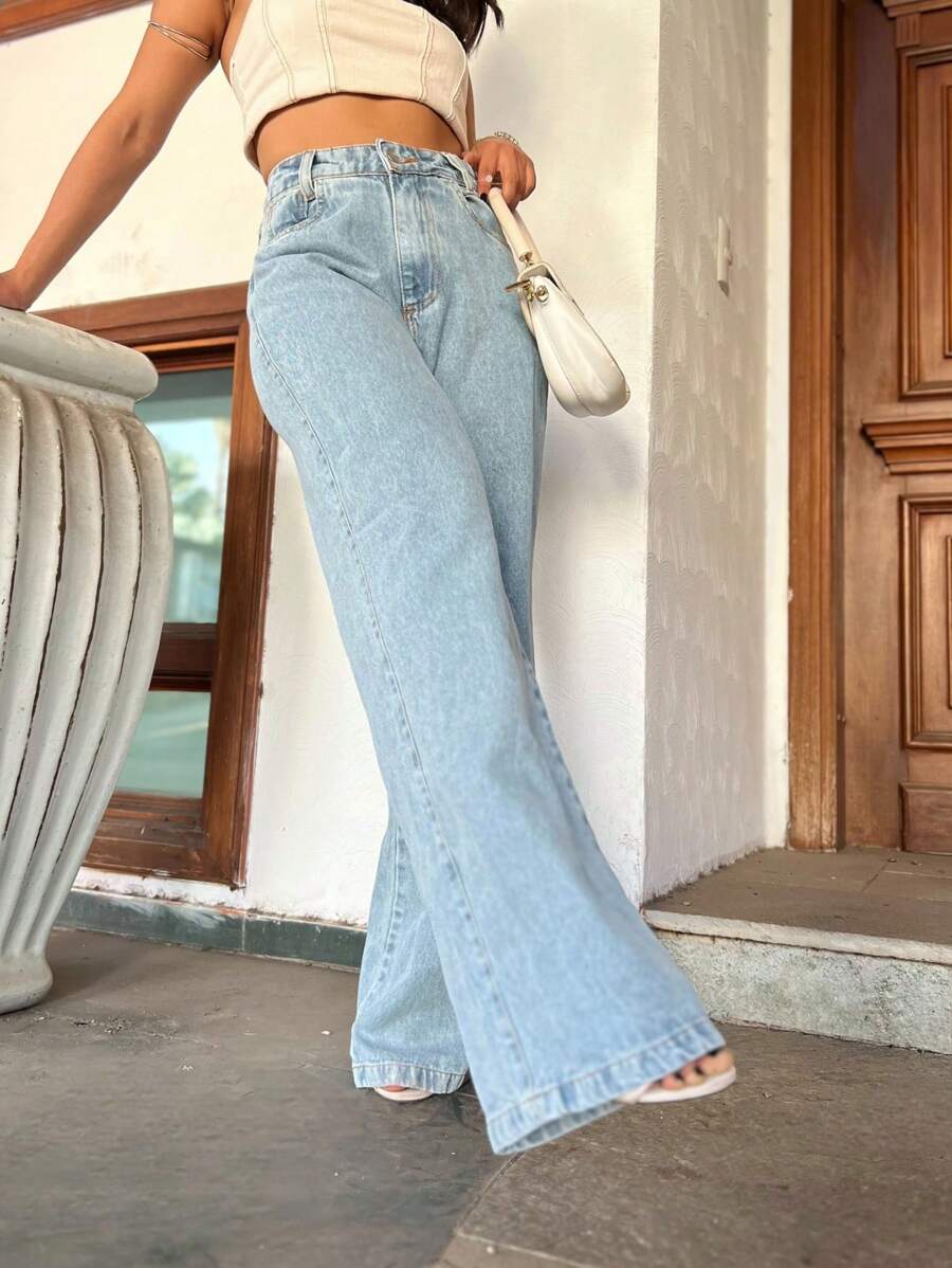 Pants/Wide Leg/Jeans/High Waist Women's Jeans Without Lycra - Rửa trung bình - Xem 1