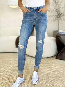 Women's Casual Jeans Mid Rise Destroy Cuff Ripped Skinny Denim Pants Light Blue Denim Distressed Details Full Length Button And Zipper Closure Stretch Fit For Casual Everyday Wear - 中等水洗藍 - 查看 1