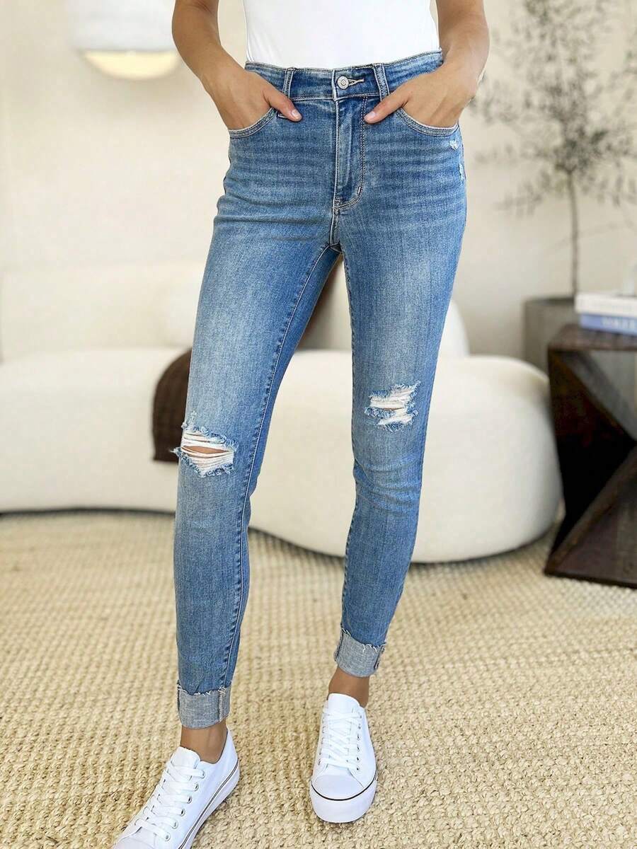 Women's Casual Jeans Mid Rise Destroy Cuff Ripped Skinny Denim Pants Light Blue Denim Distressed Details Full Length Button And Zipper Closure Stretch Fit For Casual Everyday Wear - 中等水洗藍 - 查看 1