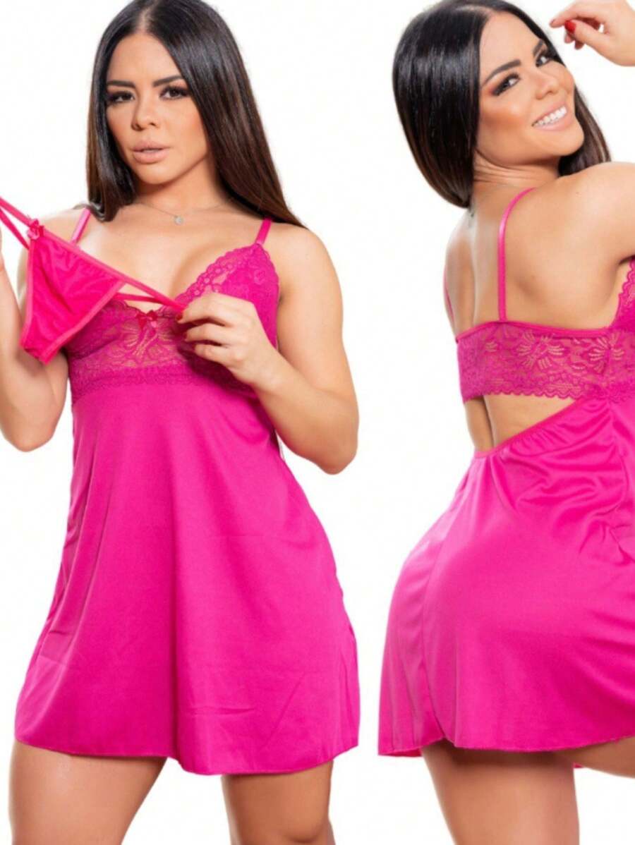Women's Pajama Nightgown With Lace And Sexy Panties - Màu Hồng Tươi - Xem 1