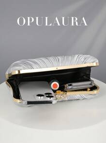 1 chiếc túi xách dây xích lấp lánh thanh lịch OpulAura, được trang trí bằng đá quý, kiểu dáng cổ điển với chất liệu satin xếp ly, thiết kế khóa nam châm, túi xách dự tiệc thời trang dành cho nữ, phù hợp cho các bữa tiệc sinh nhật và các sự kiện buổi tối quyến rũ. - Bạc - Xem 3