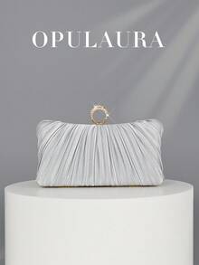 1 chiếc túi xách dây xích lấp lánh thanh lịch OpulAura, được trang trí bằng đá quý, kiểu dáng cổ điển với chất liệu satin xếp ly, thiết kế khóa nam châm, túi xách dự tiệc thời trang dành cho nữ, phù hợp cho các bữa tiệc sinh nhật và các sự kiện buổi tối quyến rũ. - Bạc - Xem 7