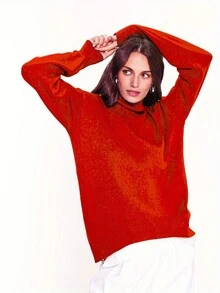 Women's Red Turtleneck Loose Pullover Sweater, Suitable For Christmas - Orange - View 3